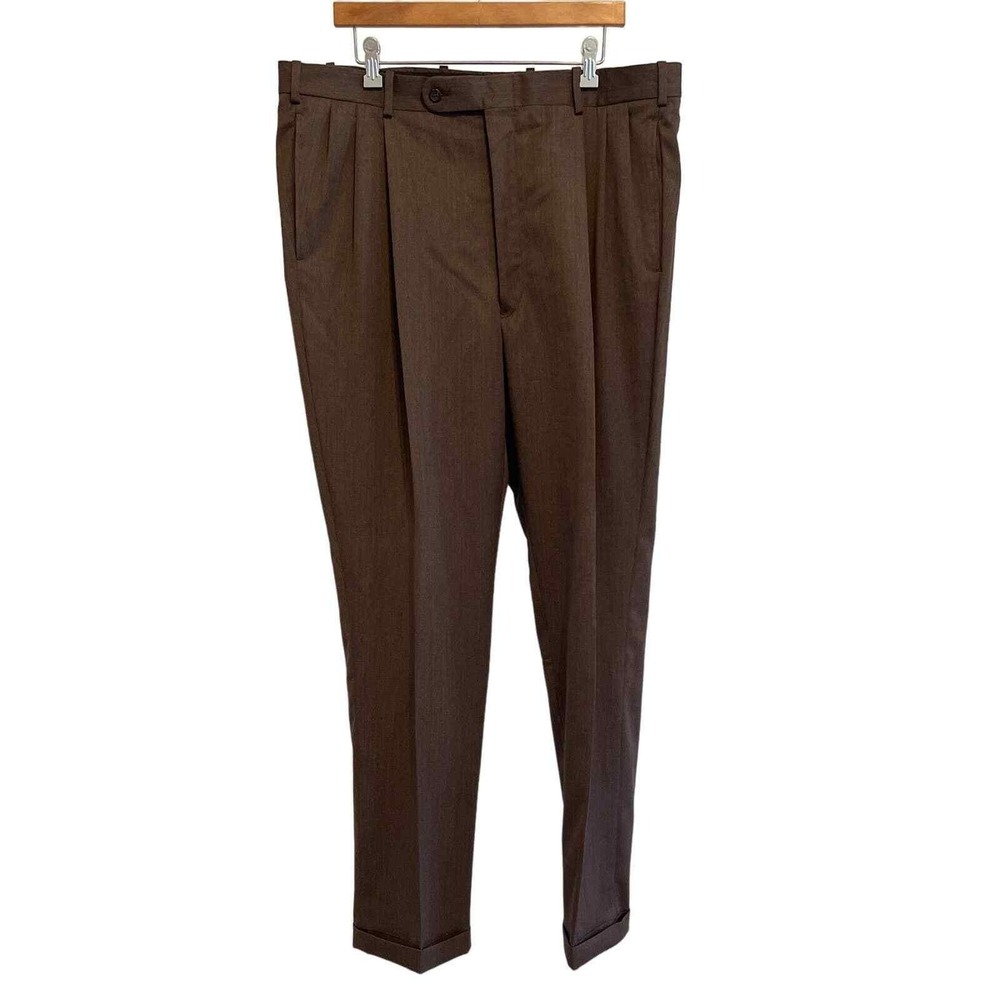 Corporate Image Tom James Mens Brown Pleated Cuffed Dress Pants Tailored‎  40x29
